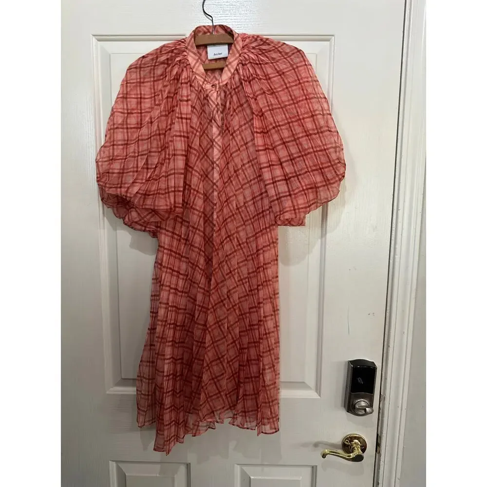 Acler Preston Mini Dress Flowy Pleated Silhouette Plaid Print Orange Size 4 - Picture 2 of 8